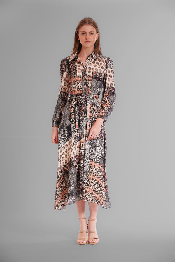 julia jordan LONG SLV SHIRT DRESS W/ SELF WAIST TIE BLACK BROWN