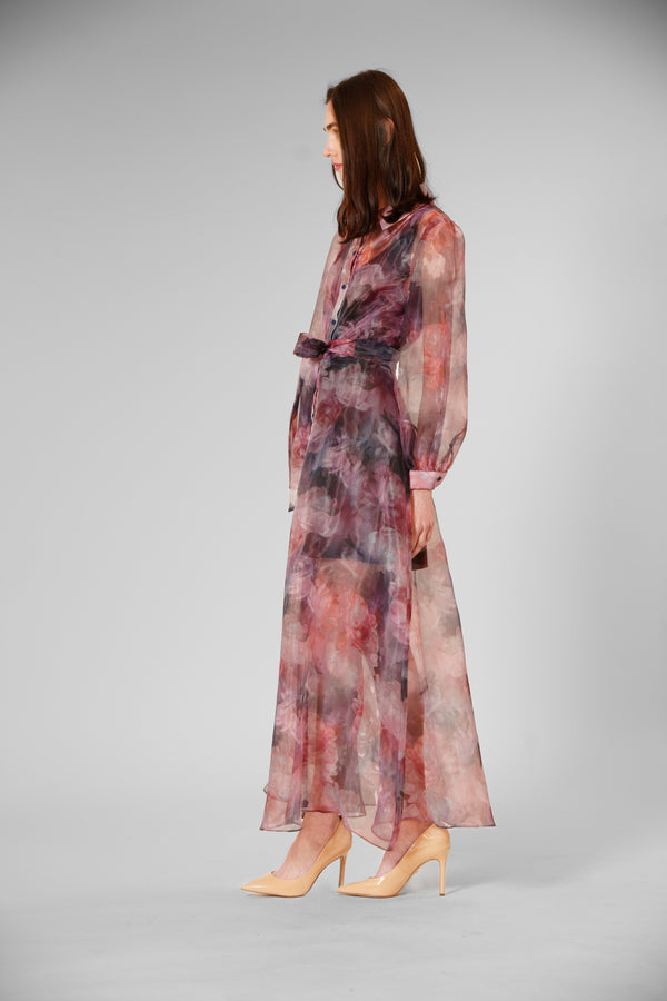 Julia Jordan LONG SLV SHIRT DRESS WITH TIE WAIST PINK MULTI