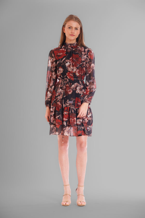 Julia Jordan LONG SLV SHORT DRESS W HIGH NECK & SELF TIE BLACK MULTI