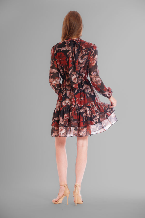 Julia Jordan LONG SLV SHORT DRESS W HIGH NECK & SELF TIE BLACK MULTI