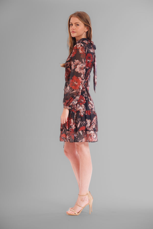 Julia Jordan LONG SLV SHORT DRESS W HIGH NECK & SELF TIE BLACK MULTI