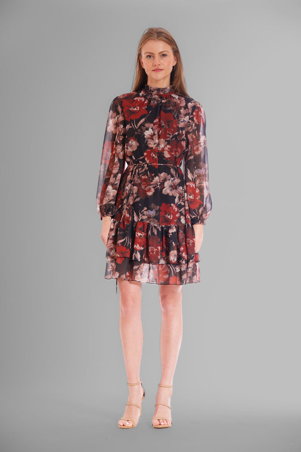 julia jordan LONG SLV SHORT DRESS W HIGH NECK & SELF TIE BLACK MULTI