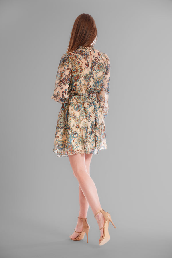 Julia Jordan LONG SLV SHORT DRESS WITH SELF SASH TAN MULTI
