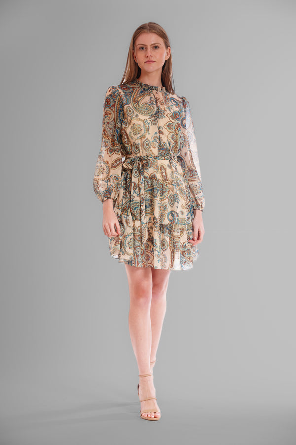 julia jordan LONG SLV SHORT DRESS WITH SELF SASH TAN MULTI