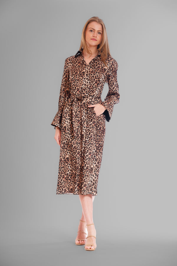 Julia Jordan MIDI DRESS W L/S AND COLLAR BROWN BLACK