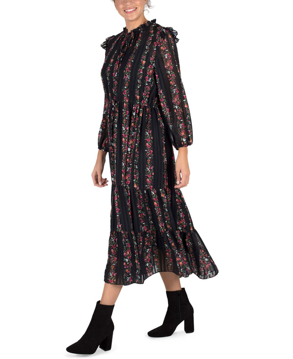 Julia Jordan MIDI LENGTH DRAWSTRING WAIST LONG SLEEVE CHIFFON BLACK MULTI