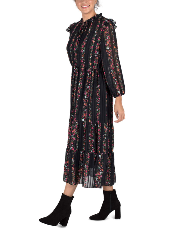 Julia Jordan MIDI LENGTH DRAWSTRING WAIST LONG SLEEVE CHIFFON BLACK MULTI