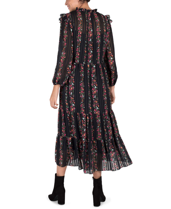 Julia Jordan MIDI LENGTH DRAWSTRING WAIST LONG SLEEVE CHIFFON BLACK MULTI
