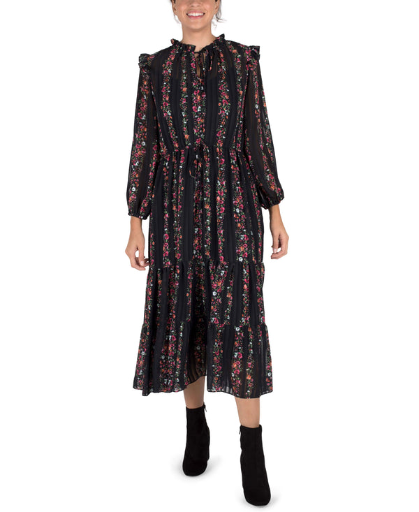 julia jordan MIDI LENGTH DRAWSTRING WAIST LONG SLEEVE CHIFFON BLACK MULTI