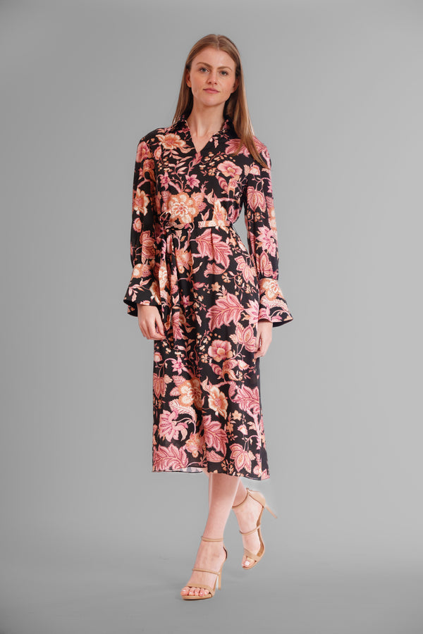Julia Jordan MIDI LENGTH DRESS W L/S AND COLLAR BLACK/MULTI