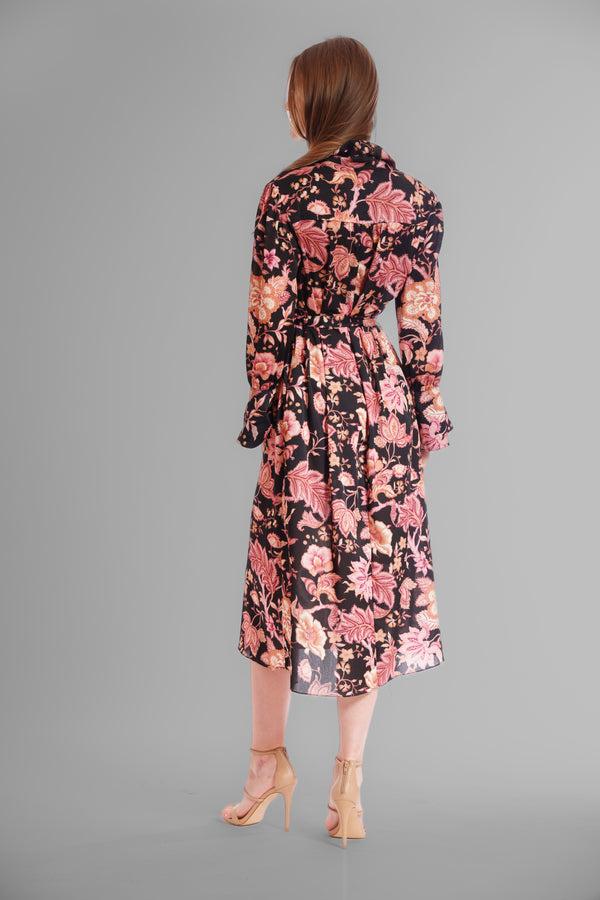 Julia Jordan MIDI LENGTH DRESS W L/S AND COLLAR BLACK/MULTI