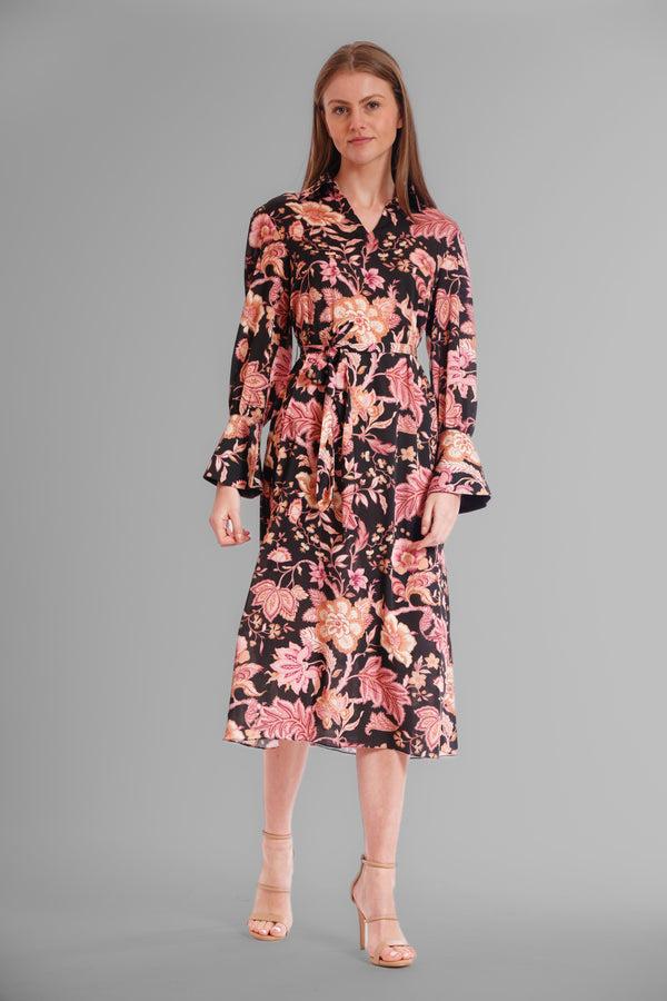 julia jordan MIDI LENGTH DRESS W L/S AND COLLAR BLACK/MULTI