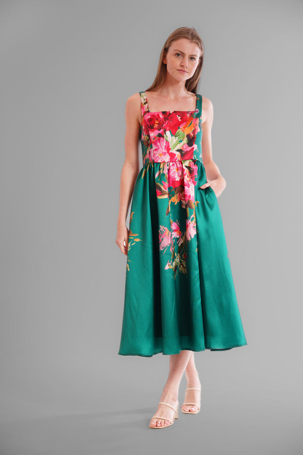 Julia Jordan MIDI LENGTH GOWN WITH SQUARE NECKLINE GREEN MULTI