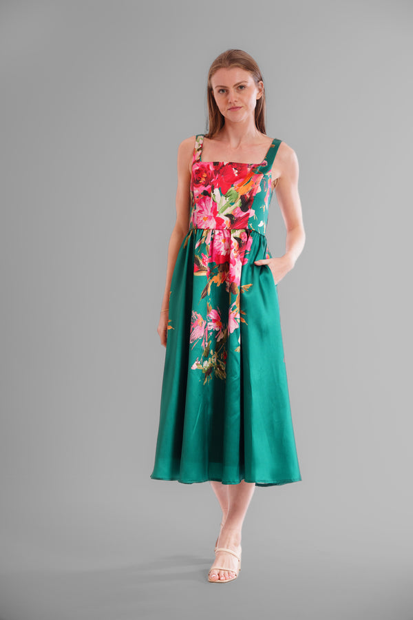 julia jordan MIDI LENGTH GOWN WITH SQUARE NECKLINE GREEN MULTI