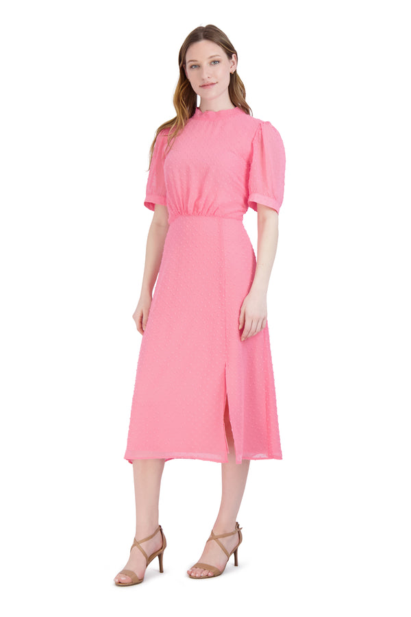 Julia Jordan MOCK NECK BALLOON SLEEVE MIDI DRESS NEON PINK