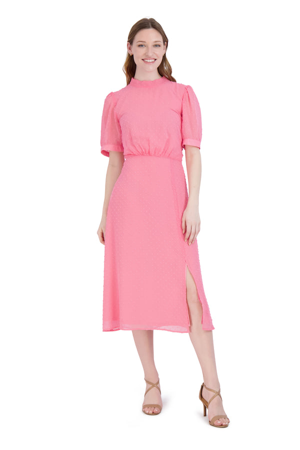 julia jordan MOCK NECK BALLOON SLEEVE MIDI DRESS NEON PINK