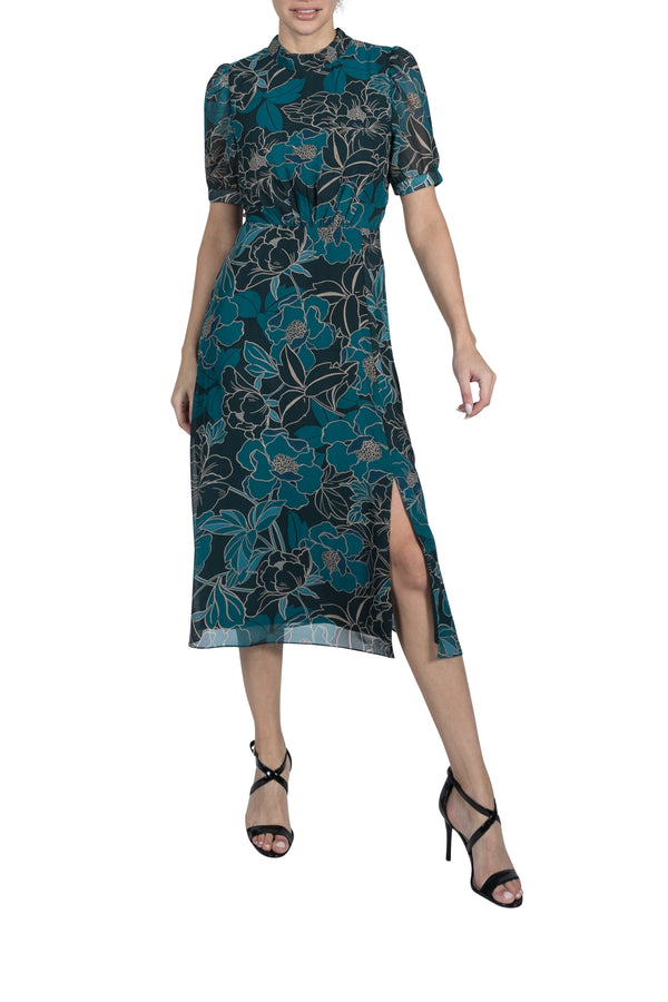 Julia Jordan MOCK NECK BALLOON SLEEVE MIDI DRESS TEAL MULTI