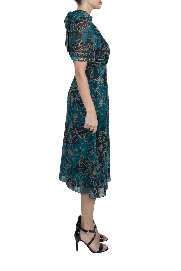 Julia Jordan MOCK NECK BALLOON SLEEVE MIDI DRESS TEAL MULTI