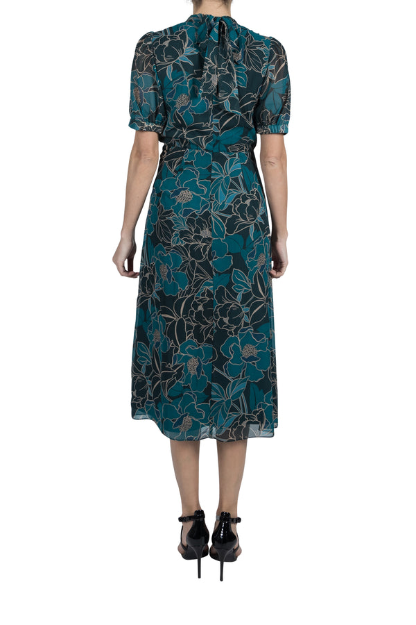 Julia Jordan MOCK NECK BALLOON SLEEVE MIDI DRESS TEAL MULTI