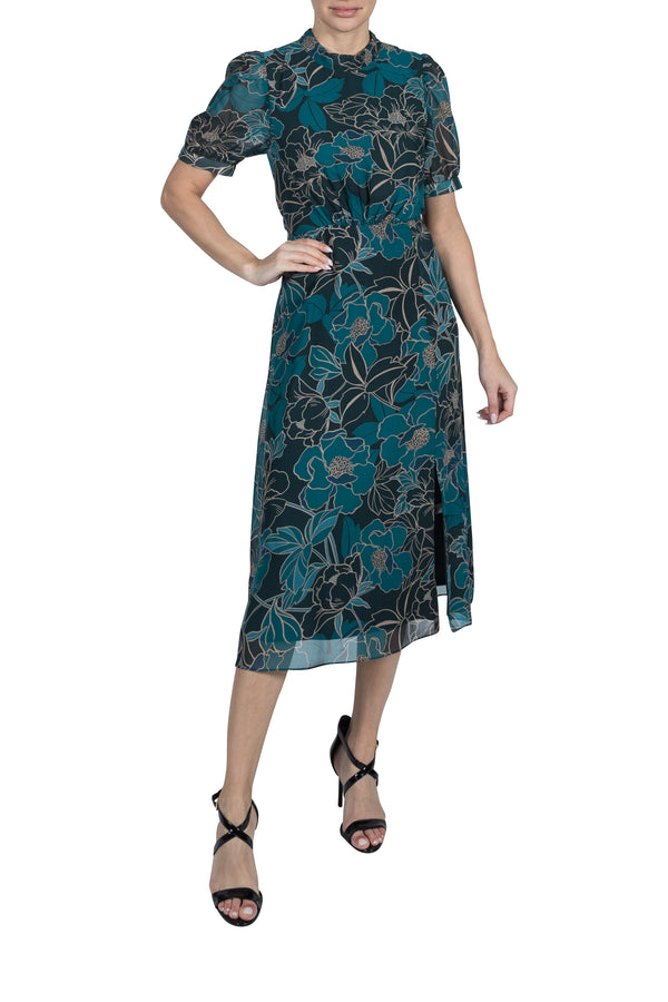 julia jordan MOCK NECK BALLOON SLEEVE MIDI DRESS TEAL MULTI