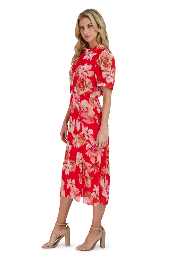 Julia Jordan MOCK NECK BALLOON SLV MIDI DRESS RED MULTI