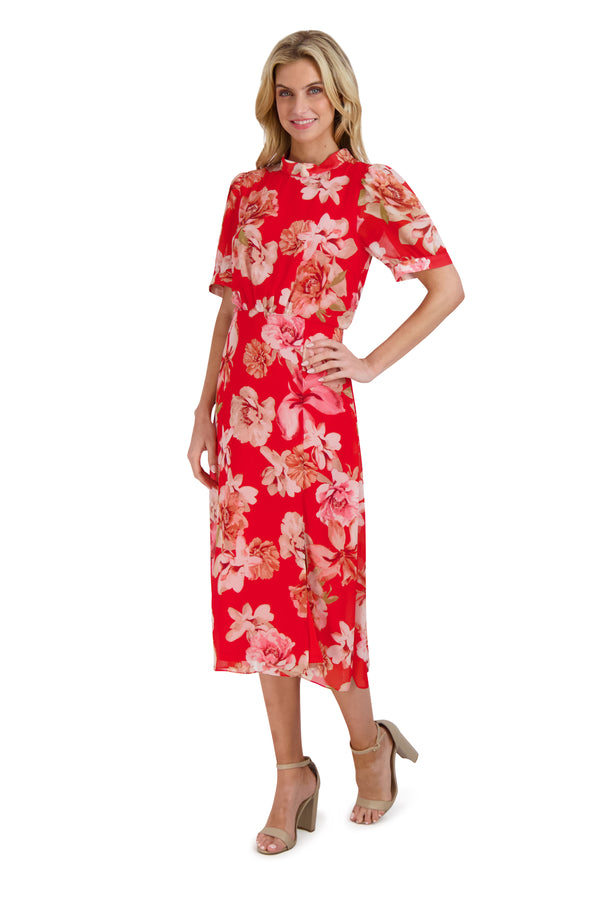 Julia Jordan MOCK NECK BALLOON SLV MIDI DRESS RED MULTI