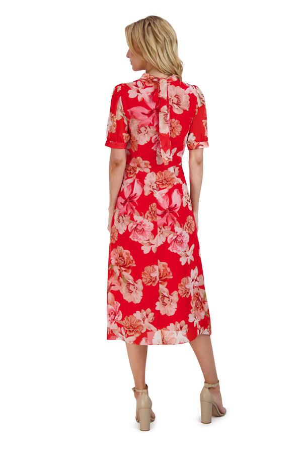 Julia Jordan MOCK NECK BALLOON SLV MIDI DRESS RED MULTI