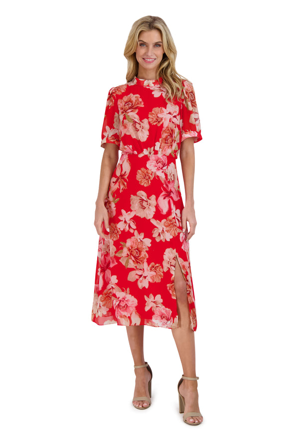 julia jordan MOCK NECK BALLOON SLV MIDI DRESS RED MULTI