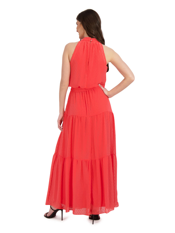 Julia Jordan Mock Neck Clipped Chiffon Maxi Hot Coral