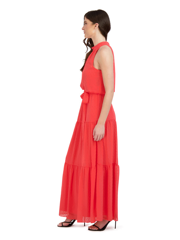 Julia Jordan Mock Neck Clipped Chiffon Maxi Hot Coral