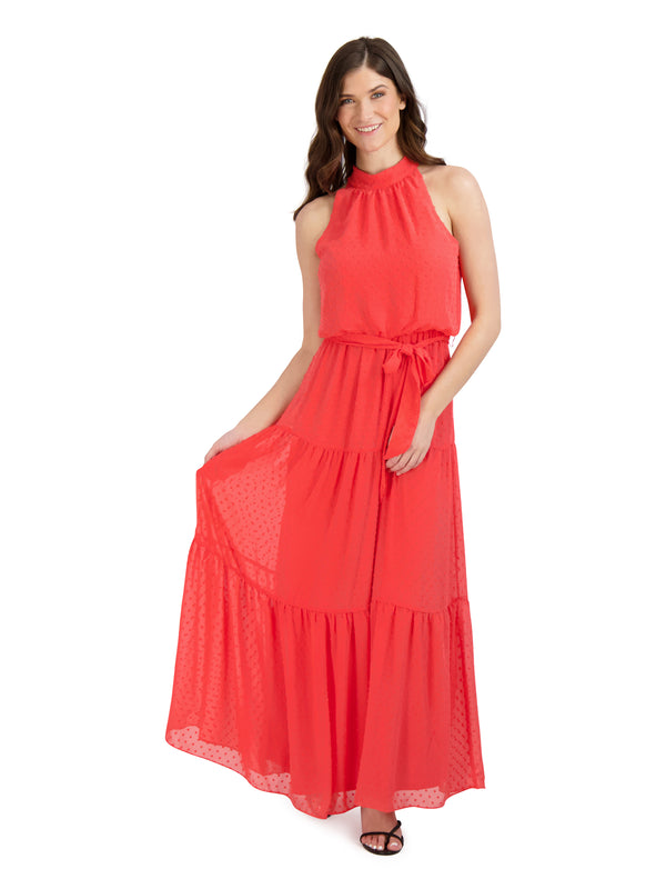 Julia Jordan Mock Neck Clipped Chiffon Maxi Hot Coral