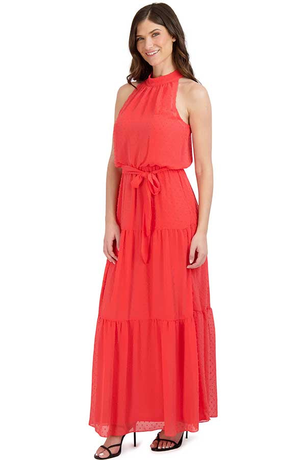 julia jordan Mock Neck Clipped Chiffon Maxi Hot Coral