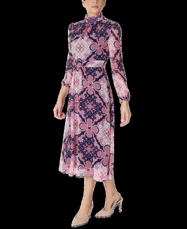 Julia Jordan Mock Neck Long Sleeve Printed Chiffon Midi Coral Multi