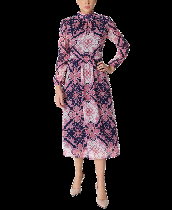 julia jordan Mock Neck Long Sleeve Printed Chiffon Midi Coral Multi