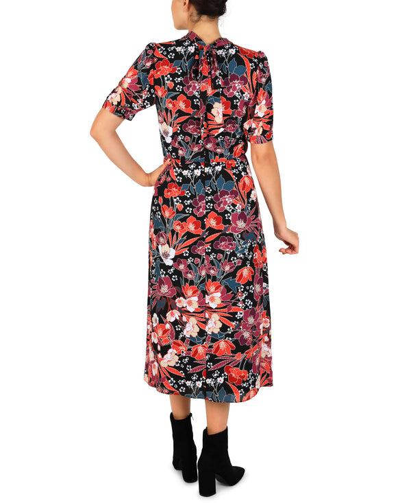 Julia Jordan Mock Neck Tie Back Short Sleeve Midi Black Multi