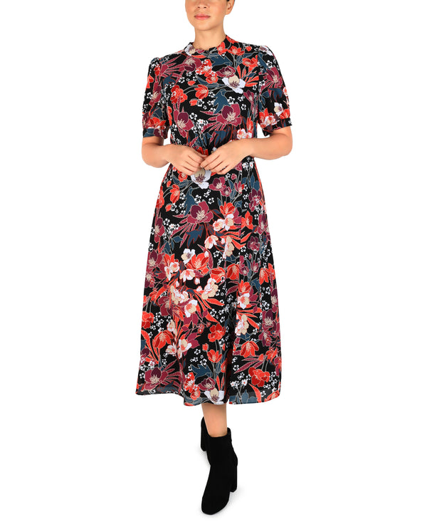 Julia Jordan Mock Neck Tie Back Short Sleeve Midi Black Multi