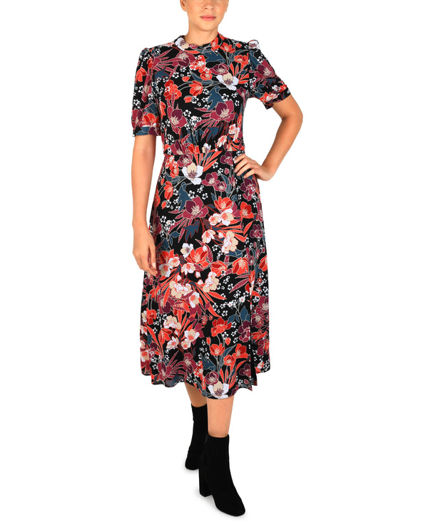 julia jordan Mock Neck Tie Back Short Sleeve Midi Black Multi