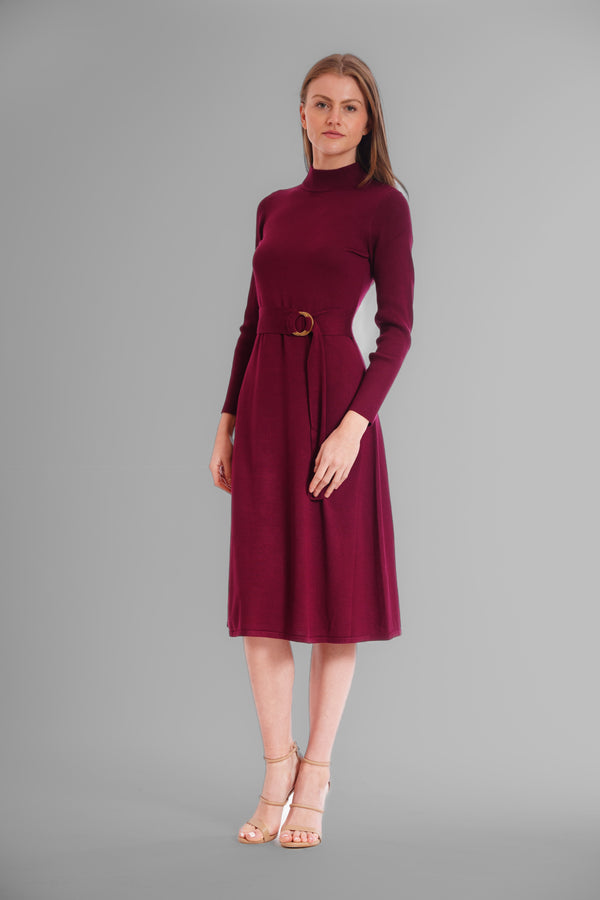 Julia Jordan MOCK NECK TIE WAIST FIT AND FLARE SWEATER DRESS WINE