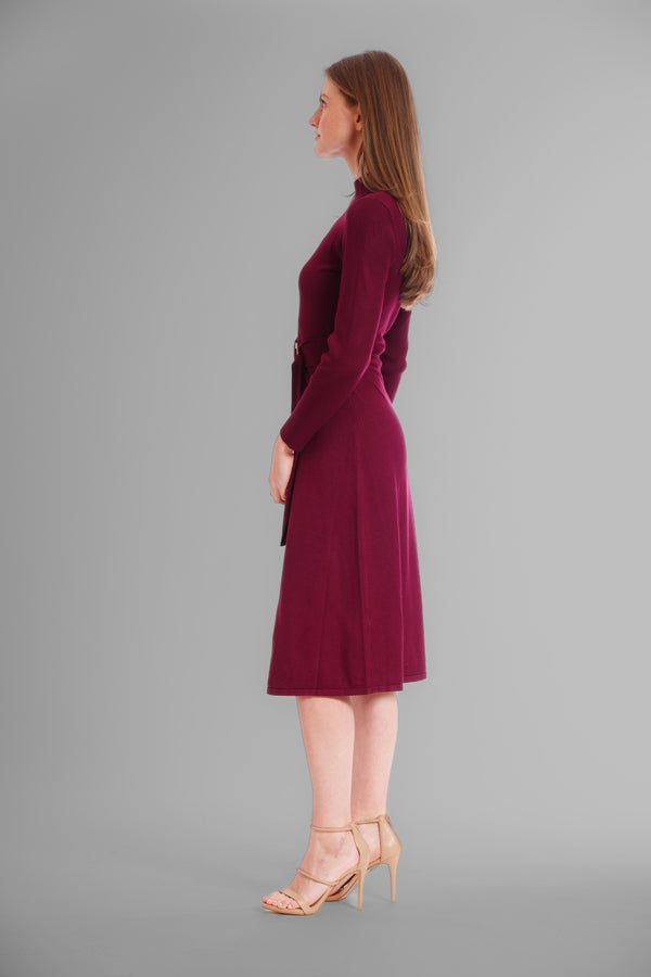 Julia Jordan MOCK NECK TIE WAIST FIT AND FLARE SWEATER DRESS WINE
