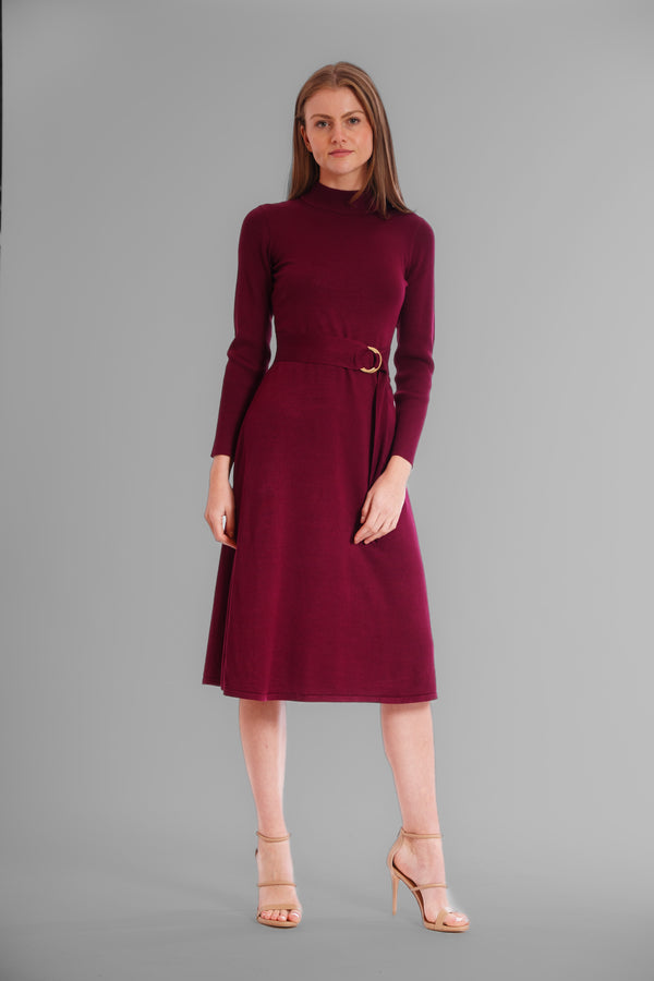 julia jordan MOCK NECK TIE WAIST FIT AND FLARE SWEATER DRESS WINE