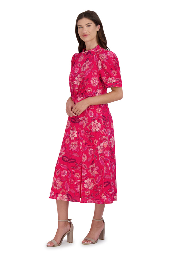 Julia Jordan Mock Tie Neck Short Sleeve Dress Pink Multi