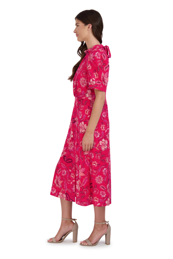 Julia Jordan Mock Tie Neck Short Sleeve Dress Pink Multi