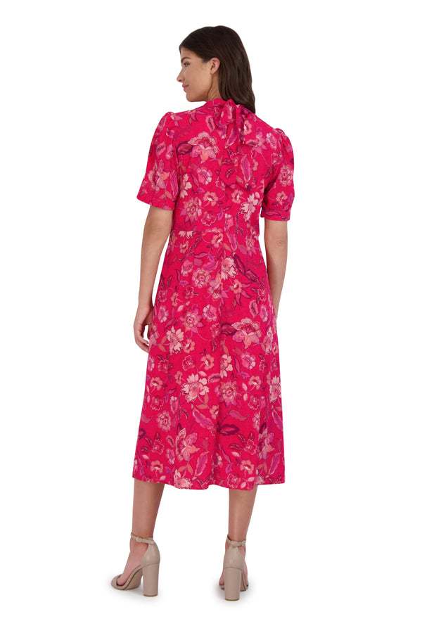 Julia Jordan Mock Tie Neck Short Sleeve Dress Pink Multi