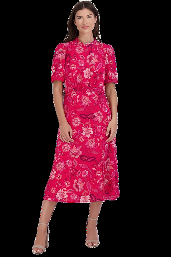 julia jordan Mock Tie Neck Short Sleeve Dress Pink Multi