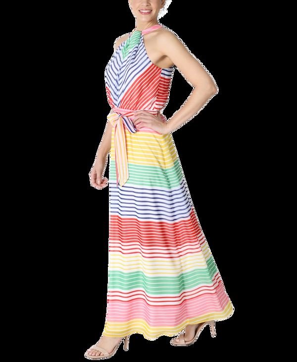 Julia Jordan Multi Colored Striped Chiffon Halter Knot Neck Maxi Length Dress With Elastic Waist And Self Fabric Belt Multi