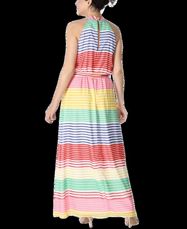 Julia Jordan Multi Colored Striped Chiffon Halter Knot Neck Maxi Length Dress With Elastic Waist And Self Fabric Belt Multi