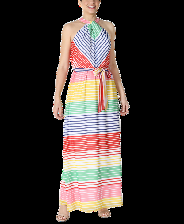 julia jordan Multi Colored Striped Chiffon Halter Knot Neck Maxi Length Dress with Elastic Waist and Self Fabric Belt Multi