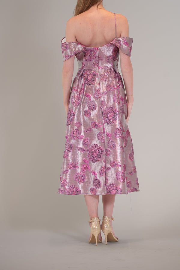 Julia Jordan OFF-SHOULDER JACQUARD MIDI SOCIAL DRESS PURPLE MULTI