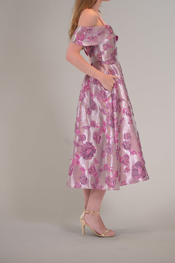 Julia Jordan OFF-SHOULDER JACQUARD MIDI SOCIAL DRESS PURPLE MULTI