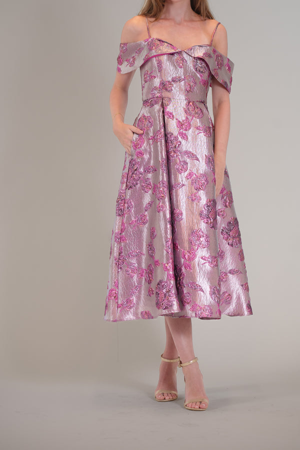 julia jordan OFF-SHOULDER JACQUARD MIDI SOCIAL DRESS PURPLE MULTI